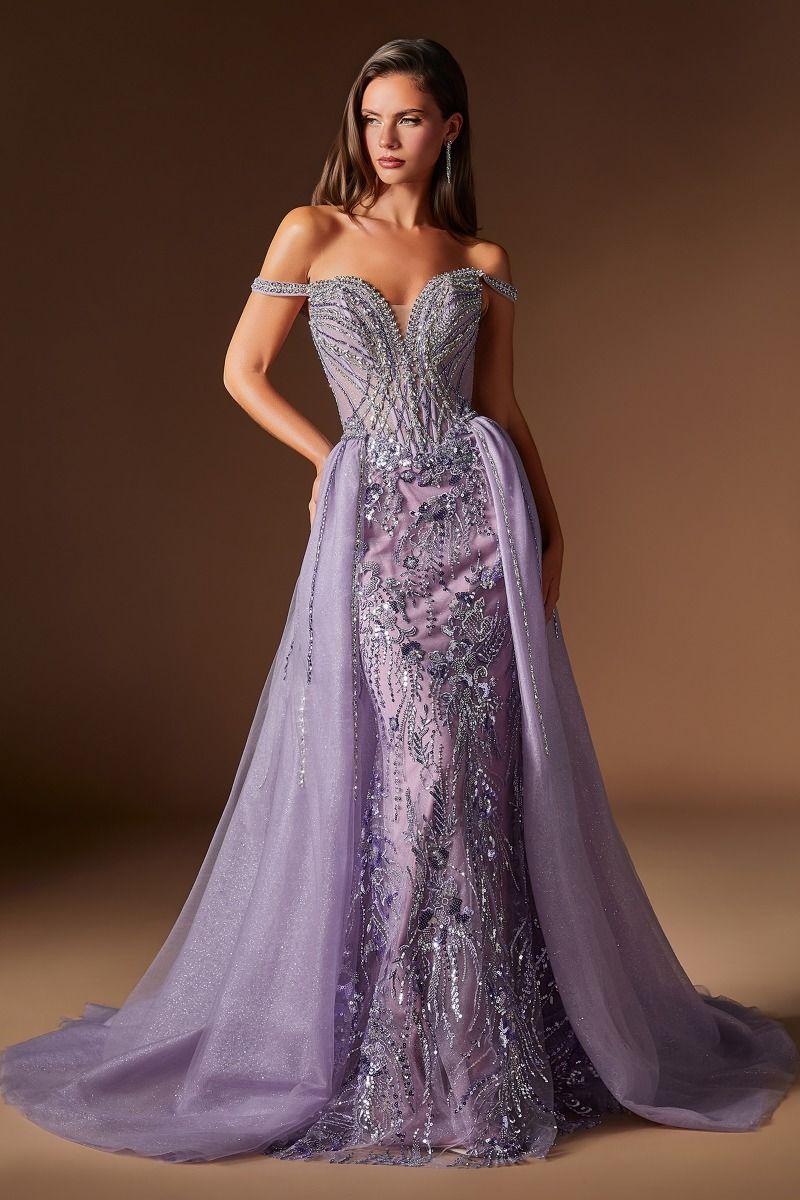 Reina Embellished Off The Shoulder Gown (English Violet)