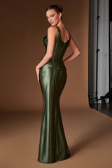 A woman modeling a floor-length olive green satin gown with a structured corset-style bodice and flared skirt, photographed in a studio with a warm brown backdrop.