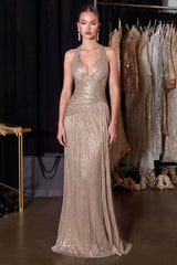 Champagne metallic pleated halter gown with a plunging neckline, draped bodice, lace-up corset back, and floor-length skirt.