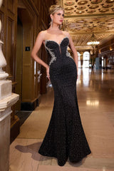  fitted gown, designed with a strapless sweetheart neckline and dazzling rhinestone embellishments on the bust. 