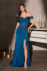 fitted gown featuring a romantic off-the-shoulder neckline and sculpted beaded bodice