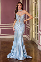 fitted gown features a sparkling halter-inspired neckline and radiant crystal beadwork