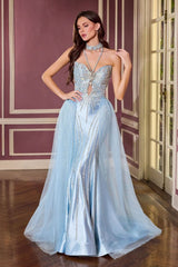 fitted gown features a sparkling halter-inspired neckline and radiant crystal beadwork