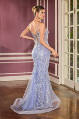  fitted gown showcases a delicate v-neckline and dimensional floral appliqué 
