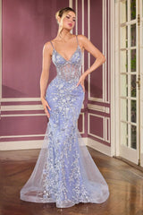  fitted gown showcases a delicate v-neckline and dimensional floral appliqué 