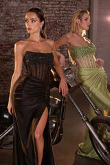 Model wearing a strapless gown featuring a beaded corset bodice, ruched waist detailing, and high side slit