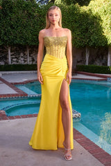 Model wearing a strapless gown featuring a beaded corset bodice, ruched waist detailing, and high side slit