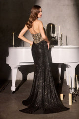 fitted strapless gown featuring a sweetheart neckline and a sheer embellished bodice