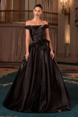 ball gown features an off-the-shoulder neckline and a pleated waistline