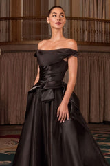 ball gown features an off-the-shoulder neckline and a pleated waistline