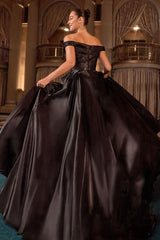ball gown features an off-the-shoulder neckline and a pleated waistline