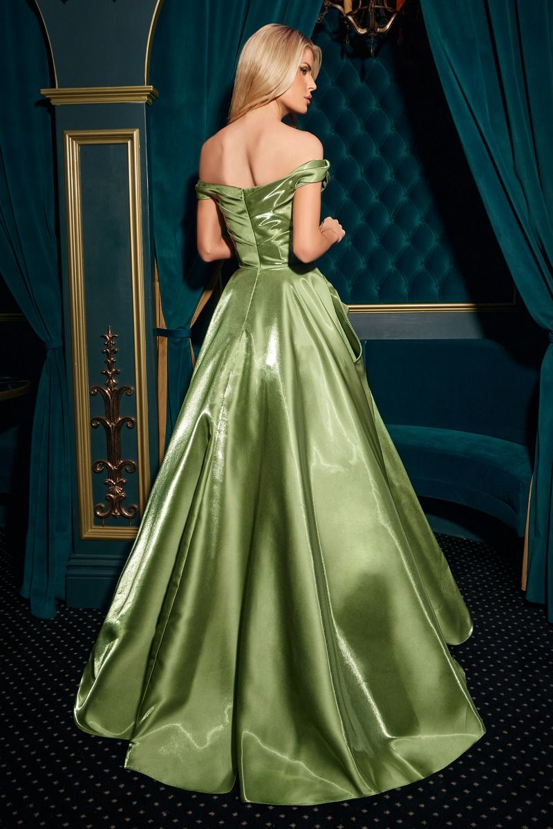 ball gown features an off-the-shoulder neckline and a pleated waistline