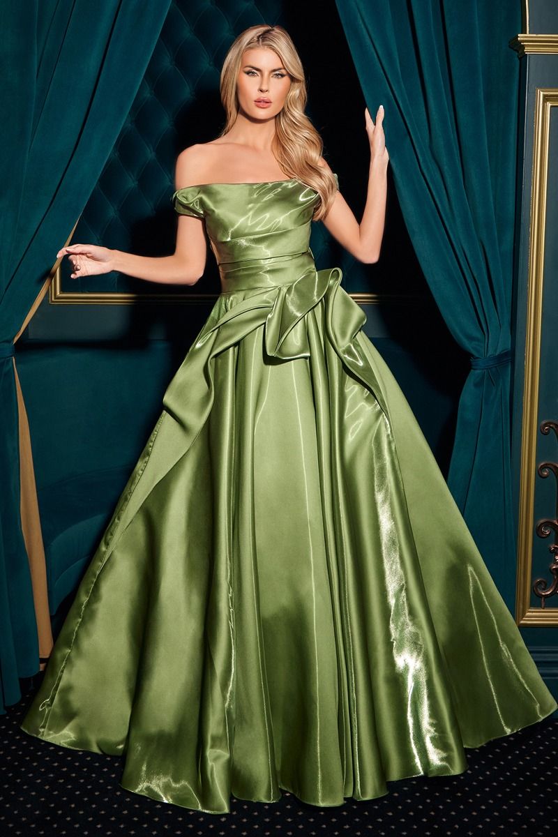 ball gown features an off-the-shoulder neckline and a pleated waistline