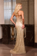 fitted gown with a sheer, structured bodice and intricate bead embellishments throughout