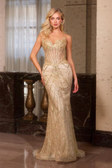 fitted gown with a sheer, structured bodice and intricate bead embellishments throughout
