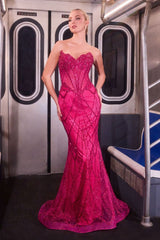 fitted gown with a sheer, structured bodice and intricate bead embellishments throughout