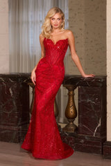 fitted gown with a sheer, structured bodice and intricate bead embellishments throughout