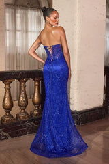fitted gown with a sheer, structured bodice and intricate bead embellishments throughout