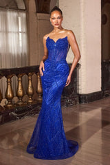 fitted gown with a sheer, structured bodice and intricate bead embellishments throughout