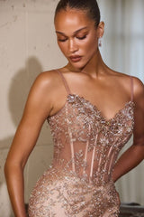 fitted gown, featuring a sheer corset bodice adorned with intricate beading and hand-placed appliqué