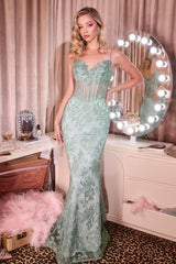 fitted gown, featuring a sheer corset bodice adorned with intricate beading and hand-placed appliqué