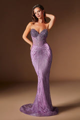 Woman wearing a purple evening gown against a brown background