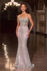 itted gown showcases a sweetheart neckline with lavish crystal-encrusted detailing