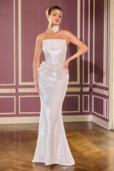fitted gown stuns with its sleek strapless neckline and gleaming sequin finish
