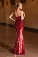 fitted gown stuns with its sleek strapless neckline and gleaming sequin finish