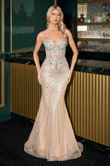 trapless deep sweetheart neckline and a sheer structured bodice adorned in crystal-embellished linear beading.