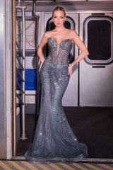 trapless deep sweetheart neckline and a sheer structured bodice adorned in crystal-embellished linear beading.