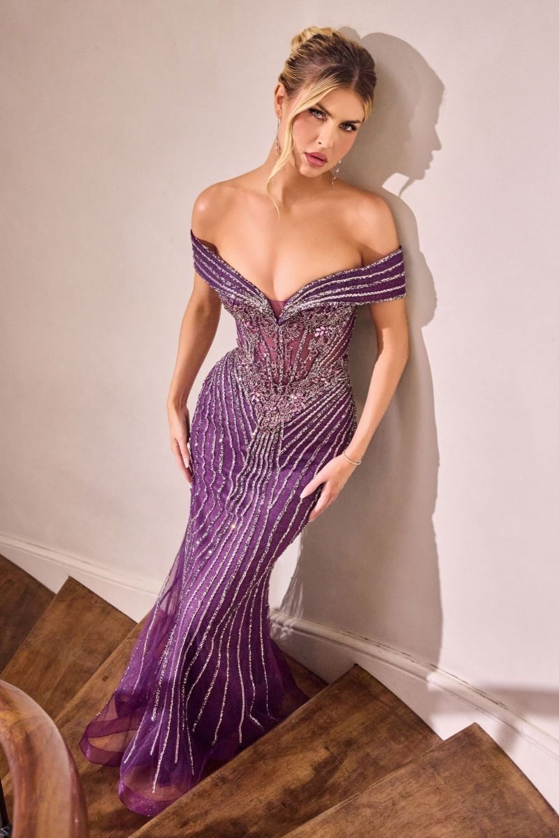 mermaid gown, designed with an off-the-shoulder neckline and a striking linear beaded motif