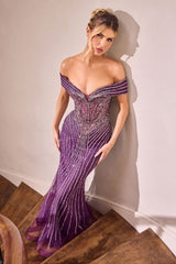 mermaid gown, designed with an off-the-shoulder neckline and a striking linear beaded motif