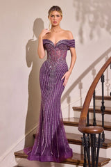 mermaid gown, designed with an off-the-shoulder neckline and a striking linear beaded motif