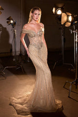exquisite mermaid gown, designed with an off-the-shoulder neckline and a striking linear beaded motif that elongates the silhouette