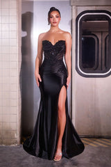 fitted gown with a dramatic thigh-high slit