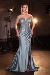 fitted gown with a dramatic thigh-high slit