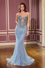 mermaid evening gown, designed with a strapless sweetheart neckline and an intricately beaded bodice that glimmers with crystals and beads