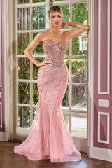 mermaid evening gown, designed with a strapless sweetheart neckline and an intricately beaded bodice that glimmers with crystals and beads