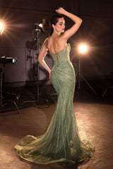 mermaid evening gown, designed with a strapless sweetheart neckline and an intricately beaded bodice that glimmers with crystals and beads
