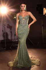 mermaid evening gown, designed with a strapless sweetheart neckline and an intricately beaded bodice that glimmers with crystals and beads