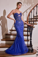 mermaid evening gown, designed with a strapless sweetheart neckline and an intricately beaded bodice that glimmers with crystals and beads