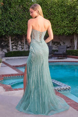 mermaid evening gown, designed with a strapless sweetheart neckline and a shimmering beaded bodice intricately adorned with crystals and sequins