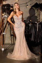 mermaid evening gown, crafted with a strapless sweetheart neckline and a fully beaded bodice adorned with shimmering crystals and sequins