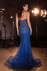 mermaid evening gown, crafted with a strapless sweetheart neckline and a fully beaded bodice adorned with shimmering crystals and sequins