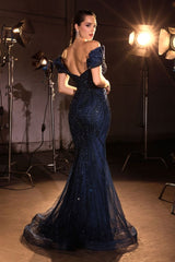 mermaid evening gown, crafted with an off-the-shoulder sweetheart neckline and an intricately beaded bodice shimmering with sequins and crystals
