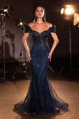 mermaid evening gown, crafted with an off-the-shoulder sweetheart neckline and an intricately beaded bodice shimmering with sequins and crystals