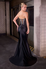 strapless bodice showcases an ornate crystal-encrusted design over sheer illusion