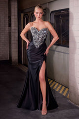 strapless bodice showcases an ornate crystal-encrusted design over sheer illusion