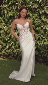 Strapless fitted corset maxi gown with lace and floral detail and side slit